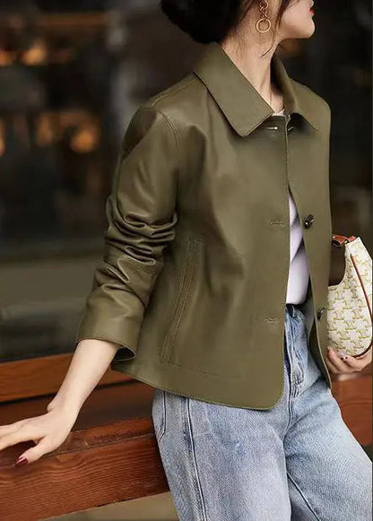 Women Green Peter Pan Collar Pockets Patchwork Sheepskin Coats Fall Ada Fashion