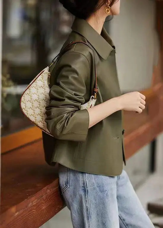 Women Green Peter Pan Collar Pockets Patchwork Sheepskin Coats Fall Ada Fashion