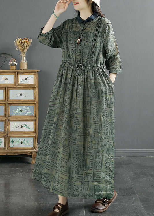 Women Green Peter Pan Collar Wrinkled Print Patchwork Linen Dress Summer LY2533 - fabuloryshop