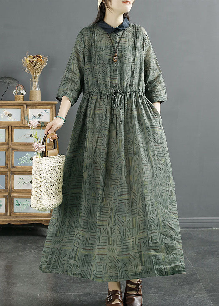 Women Green Peter Pan Collar Wrinkled Print Patchwork Linen Dress Summer LY2533 - fabuloryshop
