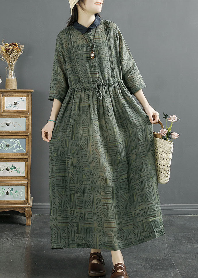 Women Green Peter Pan Collar Wrinkled Print Patchwork Linen Dress Summer LY2533 - fabuloryshop