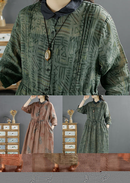 Women Green Peter Pan Collar Wrinkled Print Patchwork Linen Dress Summer LY2533 - fabuloryshop