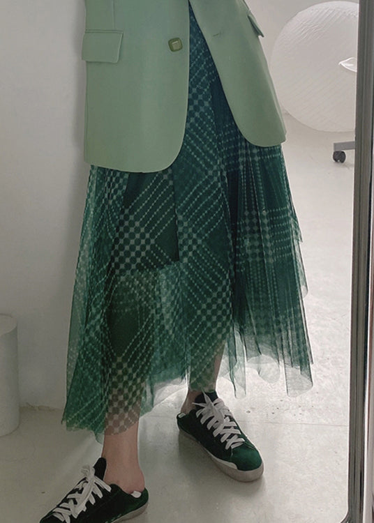 Women Green Plaid Asymmetrical High Waist Patchwork Tulle Skirts Summer Ada Fashion