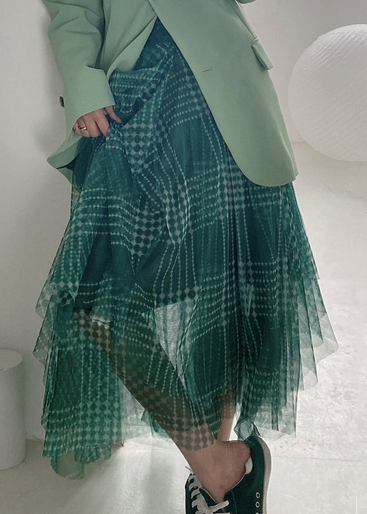 Women Green Plaid Asymmetrical High Waist Patchwork Tulle Skirts Summer Ada Fashion