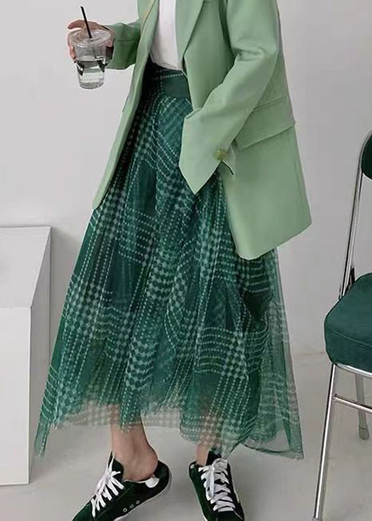 Women Green Plaid Asymmetrical High Waist Patchwork Tulle Skirts Summer Ada Fashion