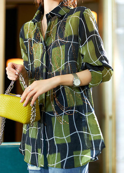 Women Green Plaid Zircon Patchwork Cotton Blouses Spring LY3846 - fabuloryshop