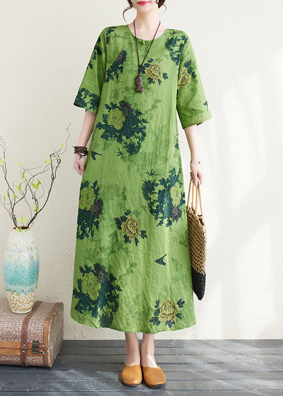 Women Green Print Chinese Button Linen A Line Dress Summer LY4976 - fabuloryshop