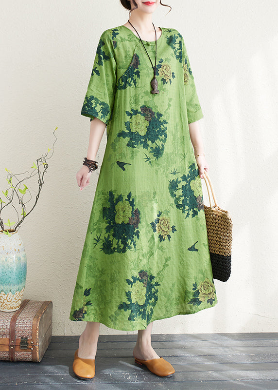 Women Green Print Chinese Button Linen A Line Dress Summer LY4976 - fabuloryshop