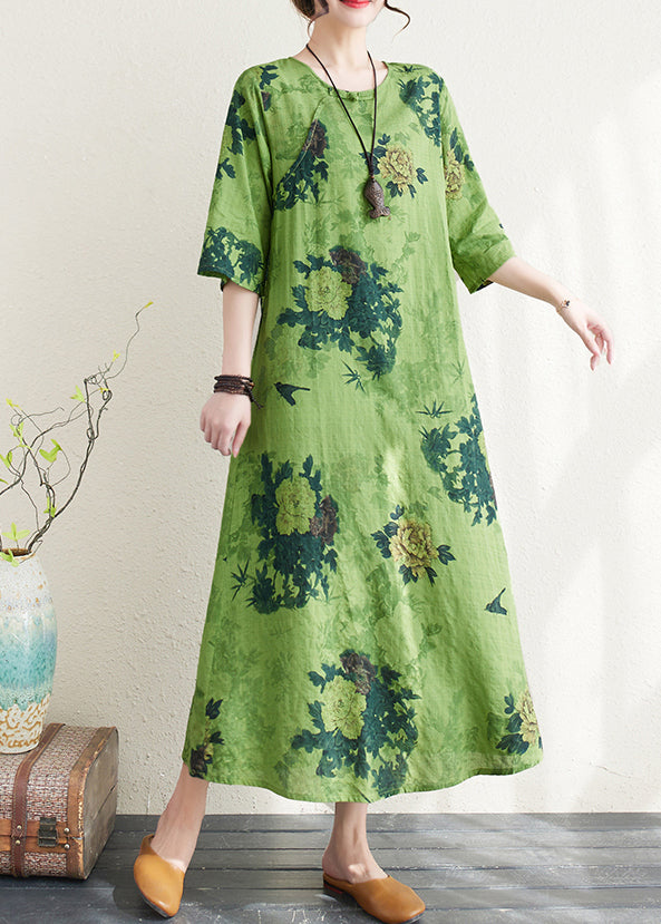 Women Green Print Chinese Button Linen A Line Dress Summer LY4976 - fabuloryshop