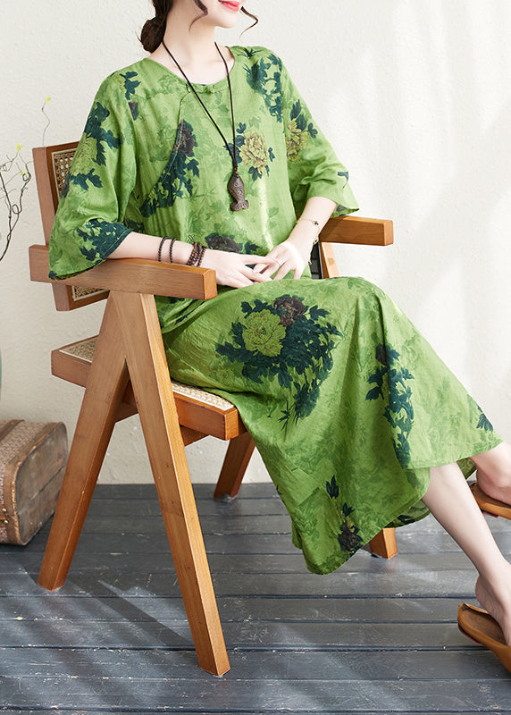 Women Green Print Chinese Button Linen A Line Dress Summer LY4976 - fabuloryshop