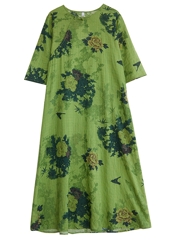 Women Green Print Chinese Button Linen A Line Dress Summer LY4976 - fabuloryshop