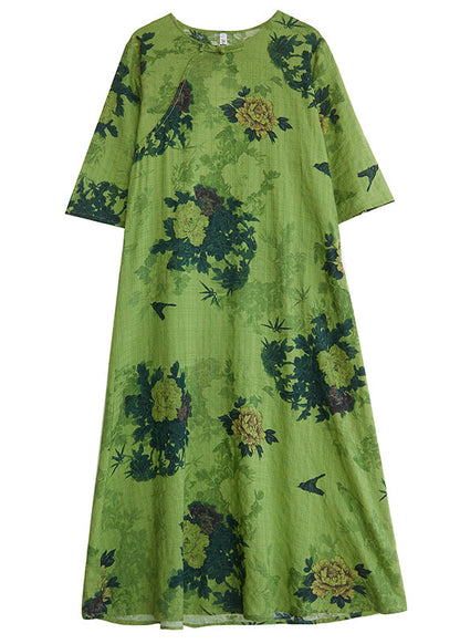 Women Green Print Chinese Button Linen A Line Dress Summer LY4976 - fabuloryshop