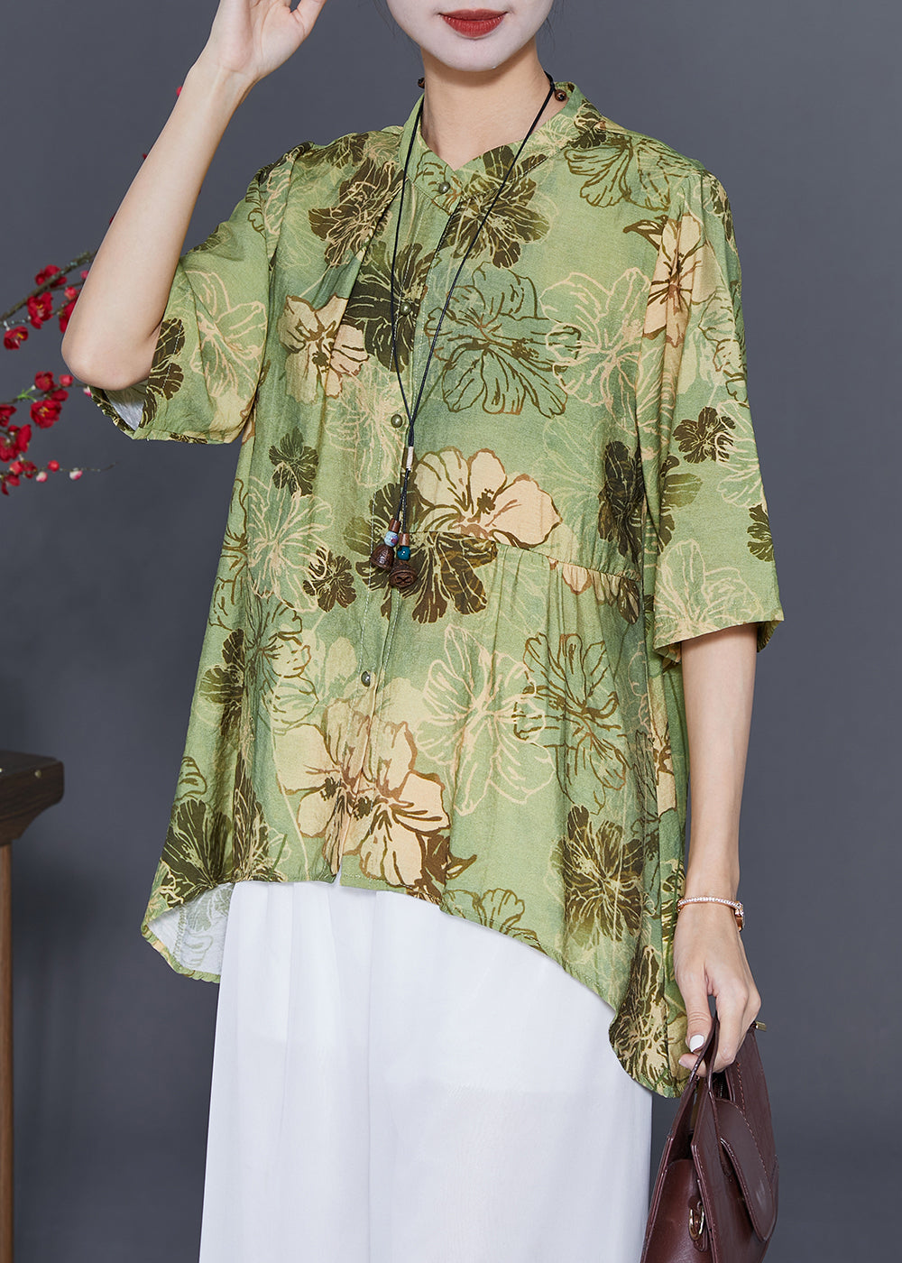 Women Green Print Low High Design Cotton Blouses Summer LY7689