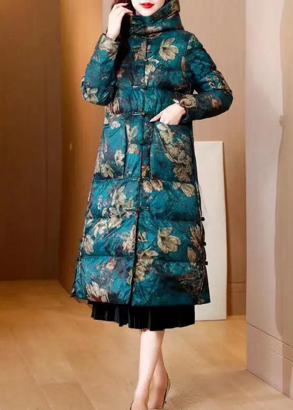 Women Green Print Pockets Chinese Button Duck Down Puffers Coat Winter Ada Fashion