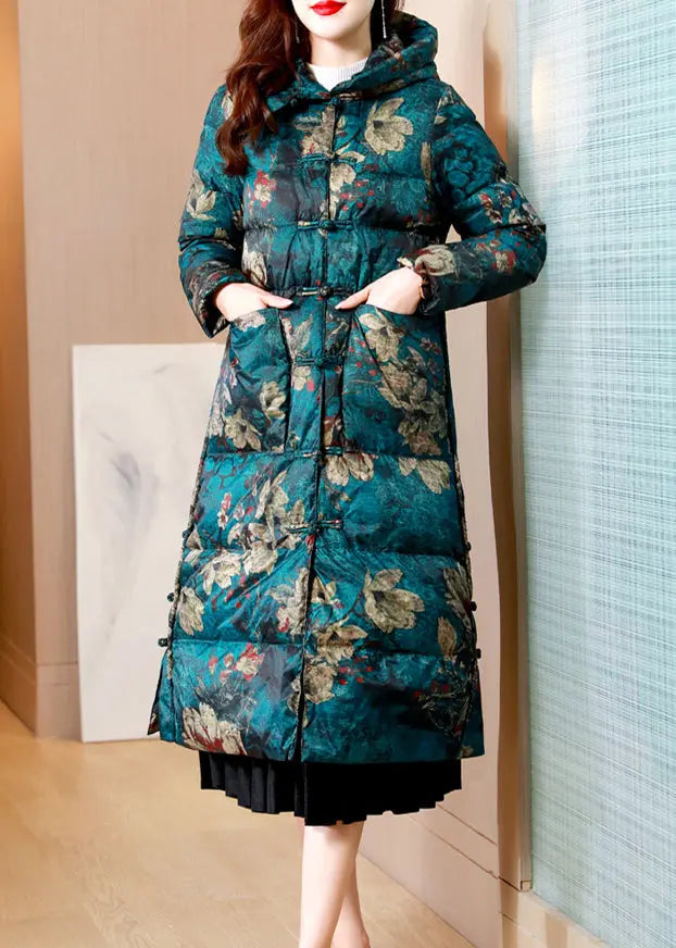 Women Green Print Pockets Chinese Button Duck Down Puffers Coat Winter Ada Fashion