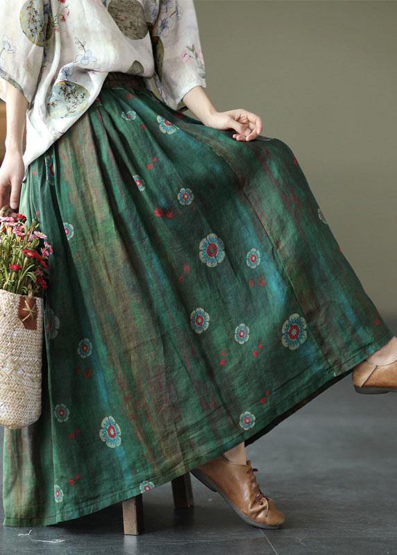 Women Green Print Ramie Elastic Waist Skirt - fabuloryshop