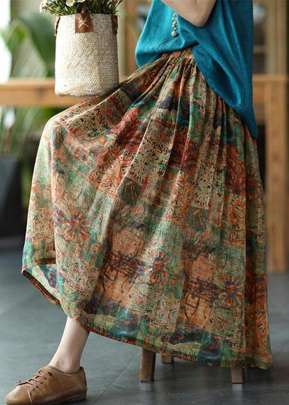 Women Green Print Ramie Elastic Waist Skirt - fabuloryshop