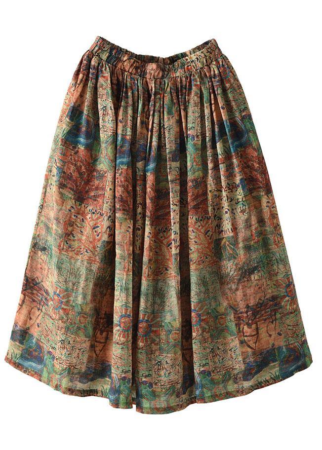 Women Green Print Ramie Elastic Waist Skirt - fabuloryshop