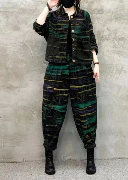 Women Green Print Tops And Pants Denim Two Piece Set Fall Ada Fashion