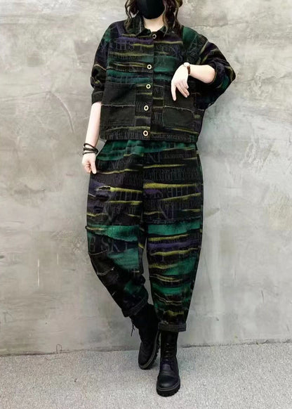 Women Green Print Tops And Pants Denim Two Piece Set Fall Ada Fashion