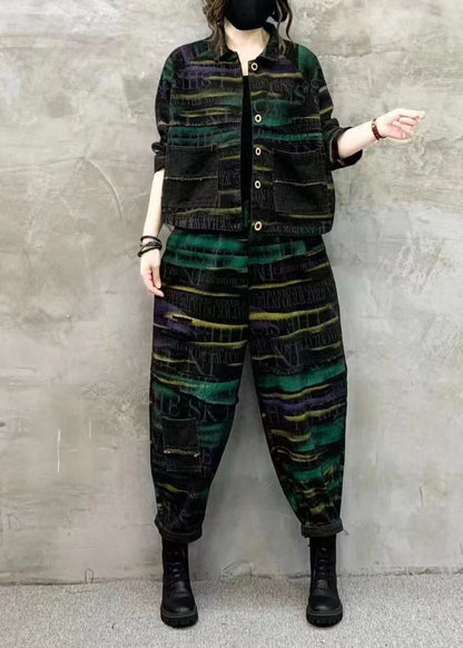 Women Green Print Tops And Pants Denim Two Piece Set Fall Ada Fashion