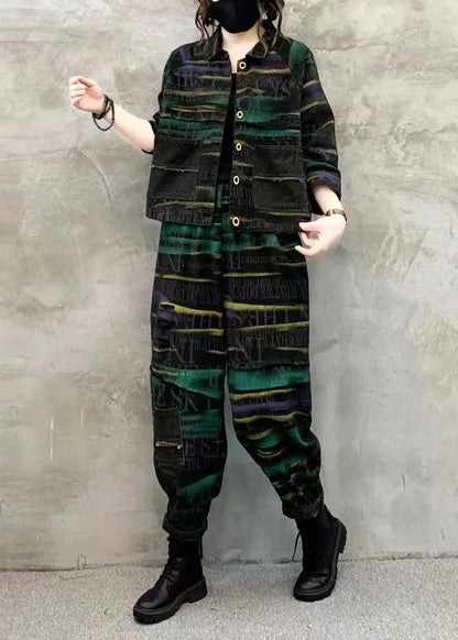 Women Green Print Tops And Pants Denim Two Piece Set Fall Ada Fashion