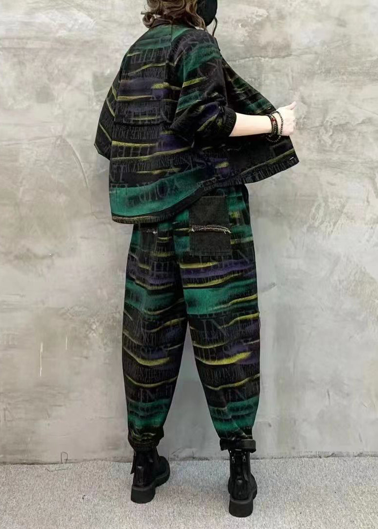 Women Green Print Tops And Pants Denim Two Piece Set Fall Ada Fashion