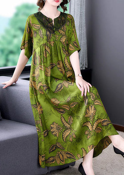 Women Green Print Wrinkled Patchwork Silk Long Dress Summer LY5982 Ada Fashion