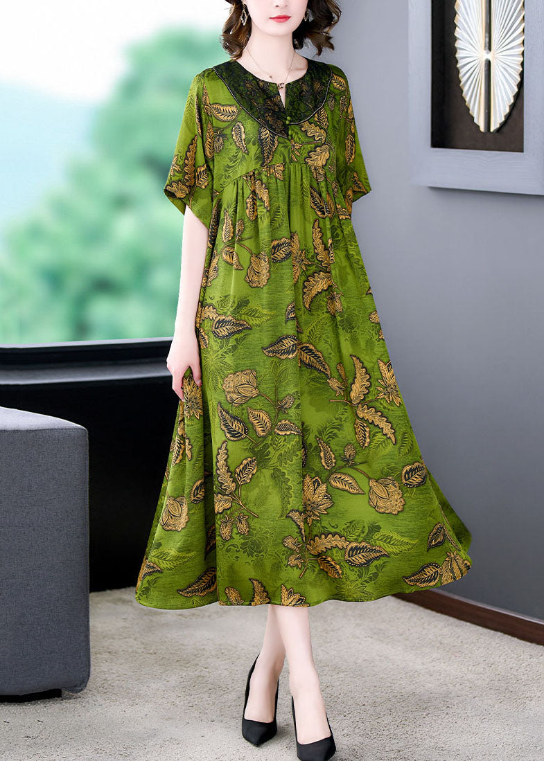 Women Green Print Wrinkled Patchwork Silk Long Dress Summer LY5982 Ada Fashion