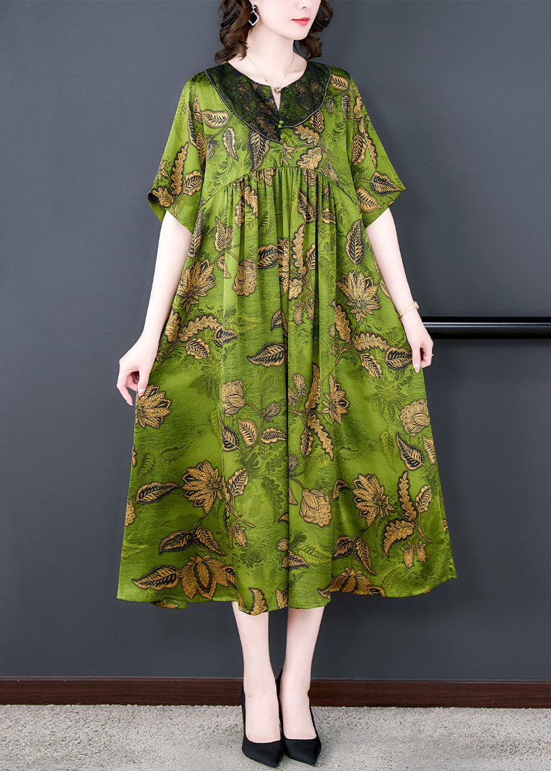 Women Green Print Wrinkled Patchwork Silk Long Dress Summer LY5982 Ada Fashion
