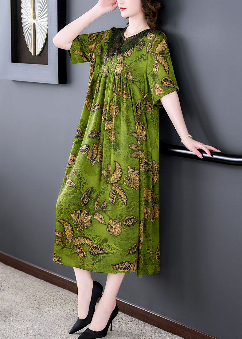 Women Green Print Wrinkled Patchwork Silk Long Dress Summer LY5982 Ada Fashion