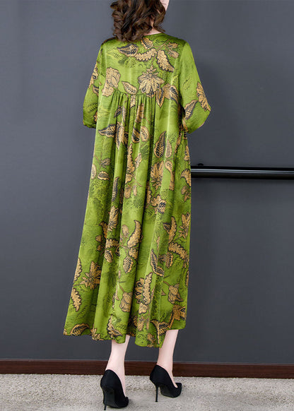 Women Green Print Wrinkled Patchwork Silk Long Dress Summer LY5982 Ada Fashion