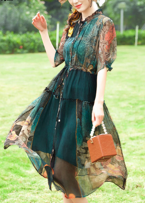 Women Green Ruffled Print Silk Cinched Dresses Summer LY1016 - fabuloryshop