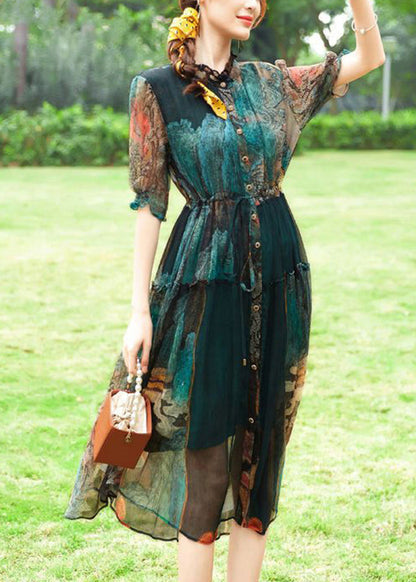 Women Green Ruffled Print Silk Cinched Dresses Summer LY1016 - fabuloryshop