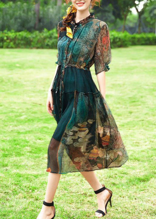 Women Green Ruffled Print Silk Cinched Dresses Summer LY1016 - fabuloryshop