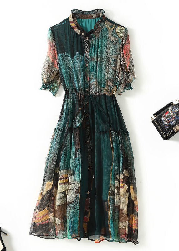 Women Green Ruffled Print Silk Cinched Dresses Summer LY1016 - fabuloryshop