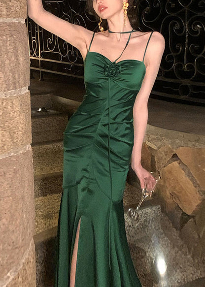 Women Green Slash Neck Cinched Patchwork Satin Maxi Fishtail Dress Summer LY2715 - fabuloryshop