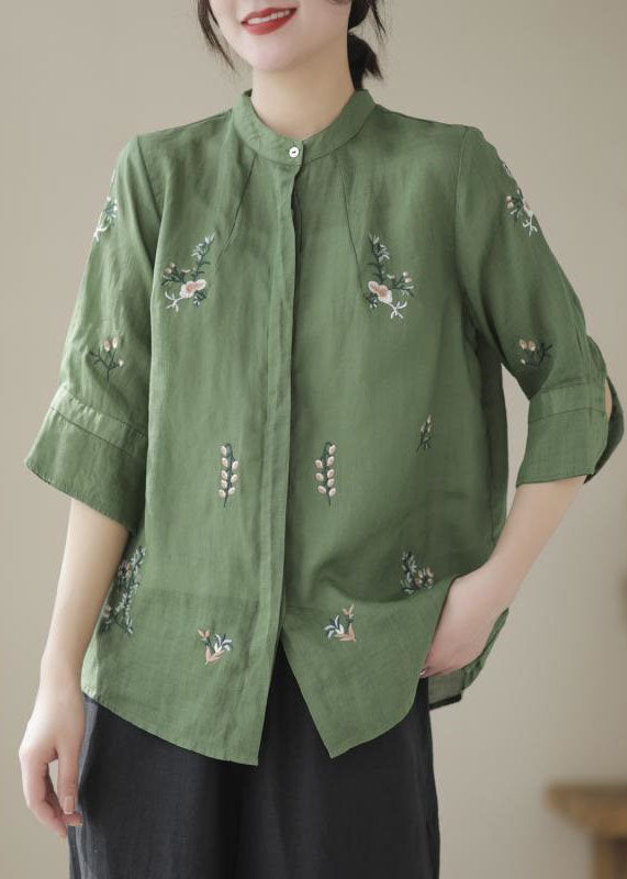 Women Green Stand Collar Embroideried Patchwork Linen Tops Summer LY4054 - fabuloryshop