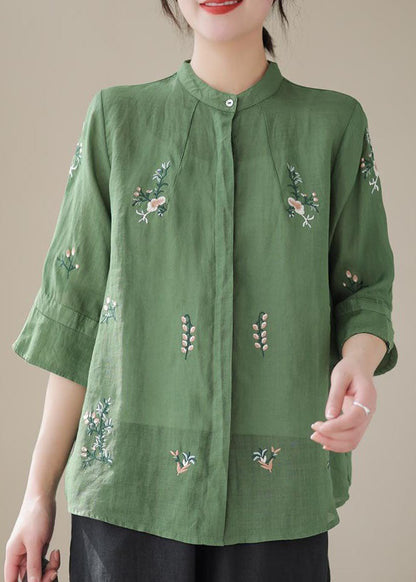 Women Green Stand Collar Embroideried Patchwork Linen Tops Summer LY4054 - fabuloryshop