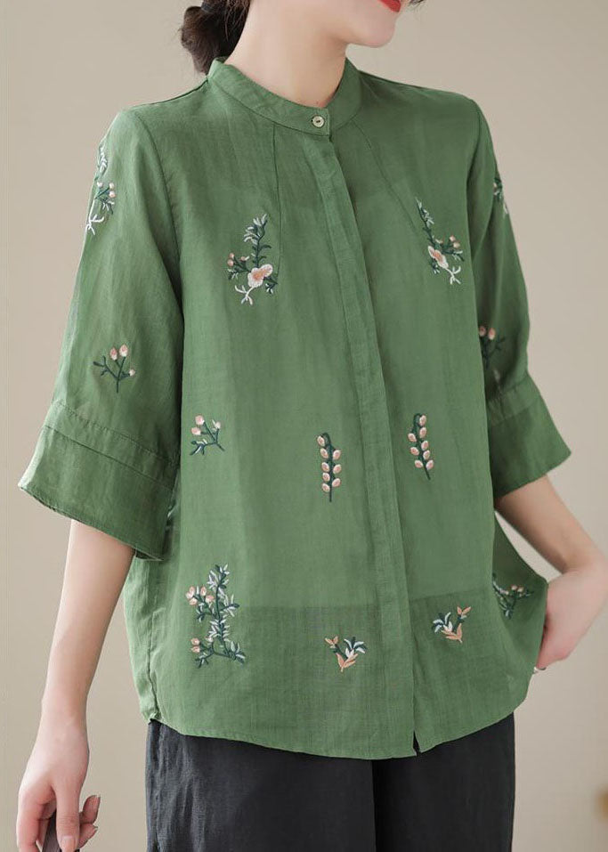 Women Green Stand Collar Embroideried Patchwork Linen Tops Summer LY4054 - fabuloryshop