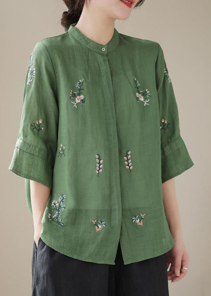 Women Green Stand Collar Embroideried Patchwork Linen Tops Summer LY4054 - fabuloryshop