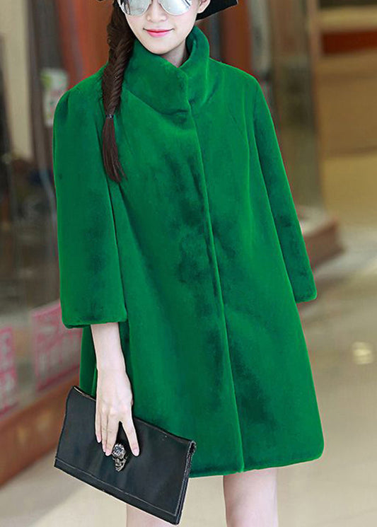Women Green Stand Collar Oversized Fuzzy Fur Fluffy Coats Bracelet Sleeve Ada Fashion