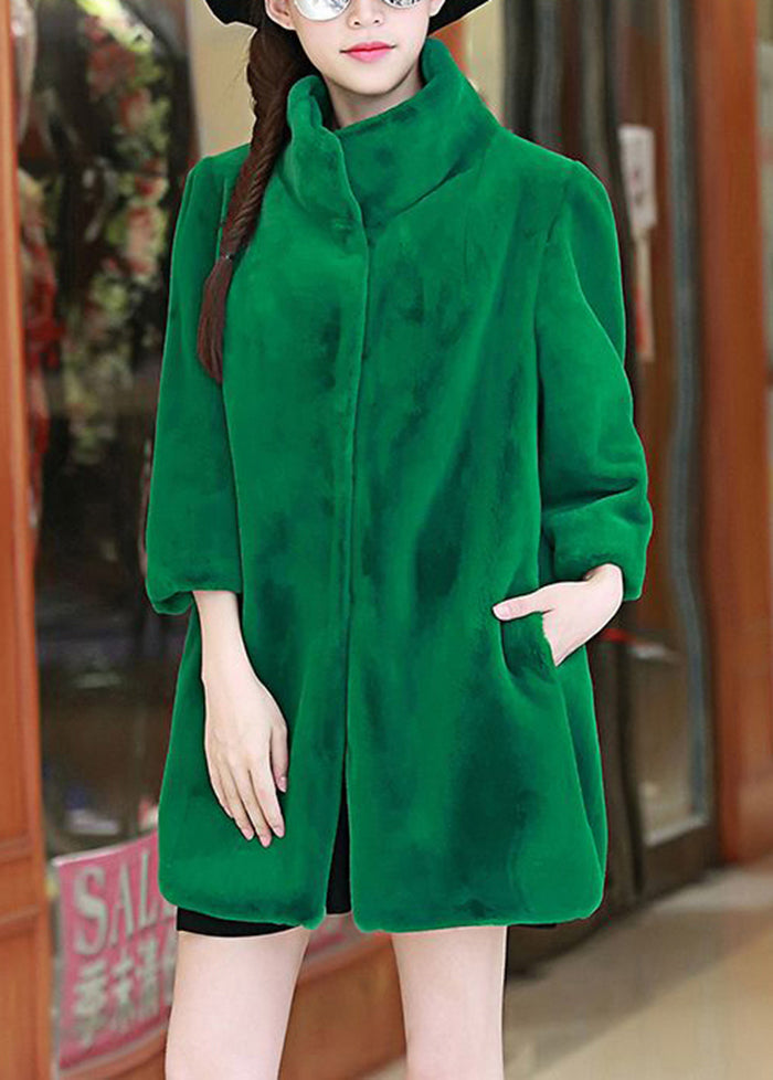 Women Green Stand Collar Oversized Fuzzy Fur Fluffy Coats Bracelet Sleeve Ada Fashion