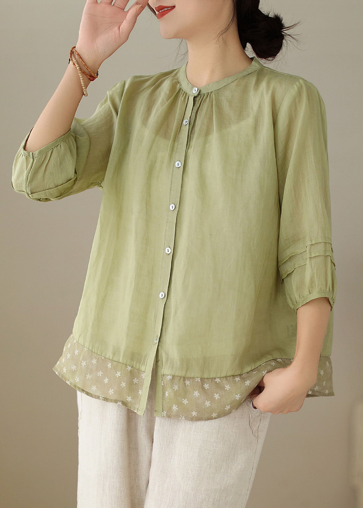 Women Green Stand Collar Print Patchwork Linen Shirt Tops Summer LY5089 - fabuloryshop