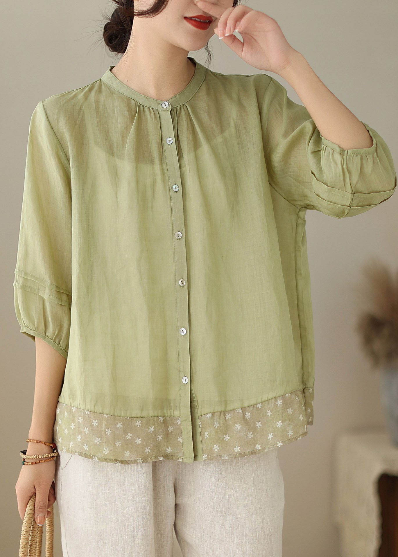 Women Green Stand Collar Print Patchwork Linen Shirt Tops Summer LY5089 - fabuloryshop