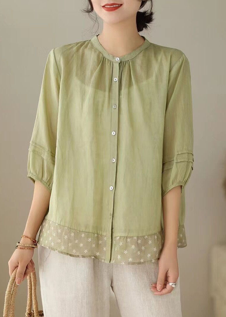 Women Green Stand Collar Print Patchwork Linen Shirt Tops Summer LY5089 - fabuloryshop