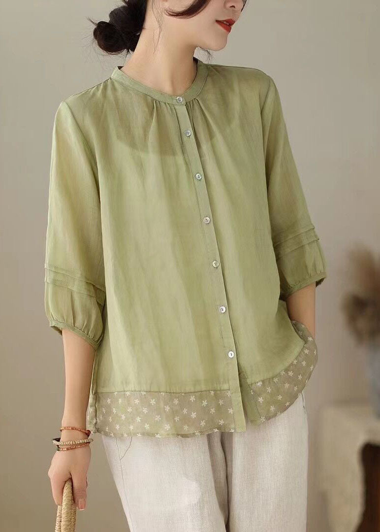 Women Green Stand Collar Print Patchwork Linen Shirt Tops Summer LY5089 - fabuloryshop