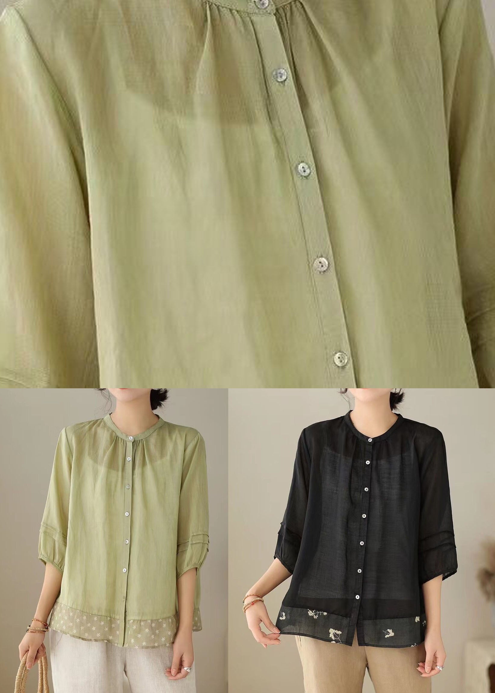 Women Green Stand Collar Print Patchwork Linen Shirt Tops Summer LY5089 - fabuloryshop