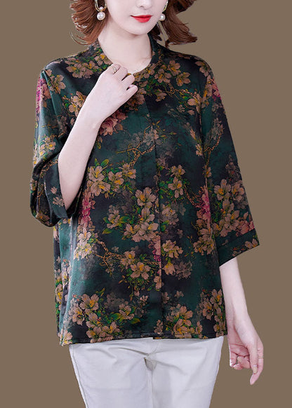 Women Green Stand Collar Print Silk Shirt Bracelet Sleeve LC0269 - fabuloryshop