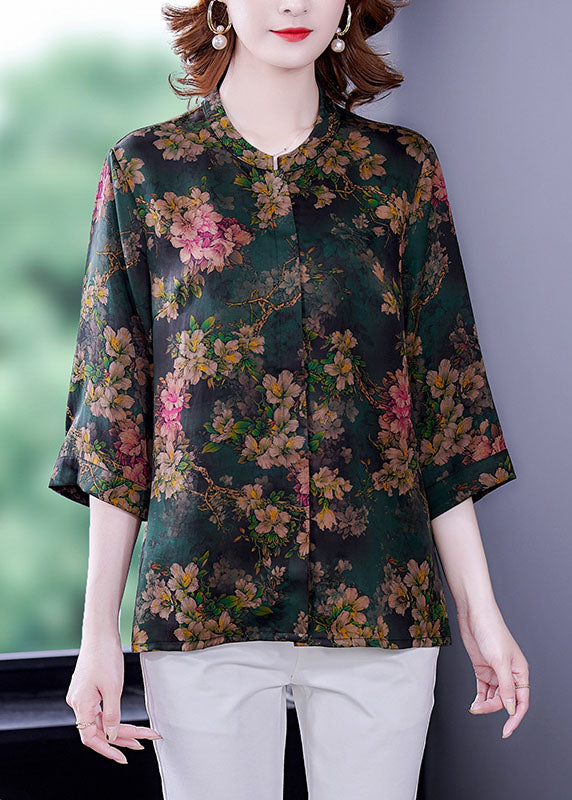 Women Green Stand Collar Print Silk Shirt Bracelet Sleeve LC0269 - fabuloryshop